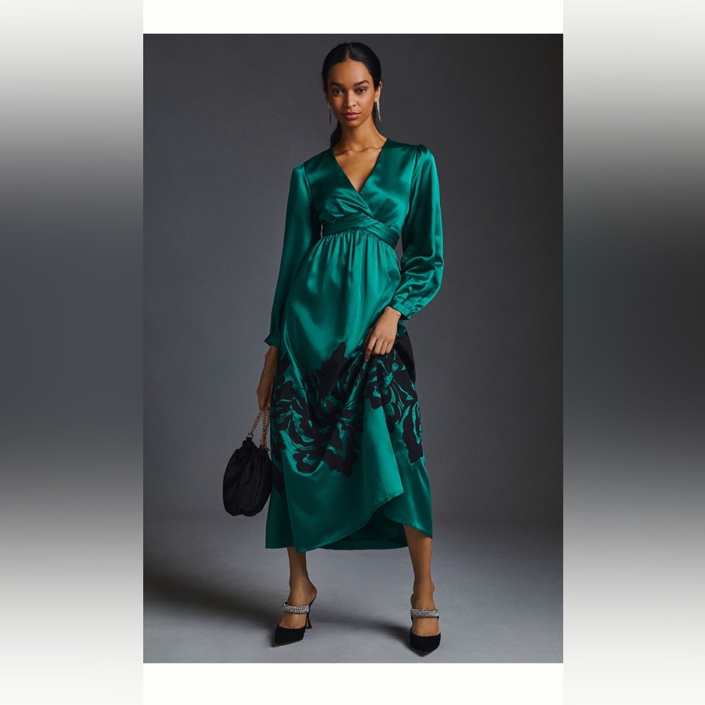 Nikasha embroidered satin dress anthropologie green 3x